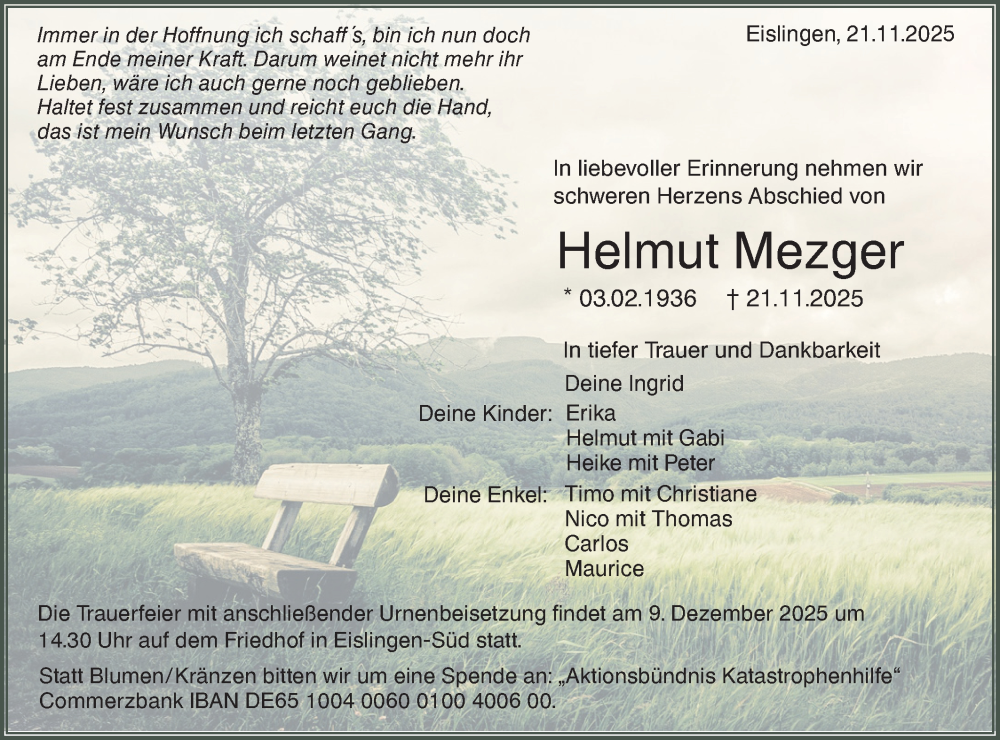  Traueranzeige für Helmut Mezger vom 29.11.2025 aus NWZ Neue Württembergische Zeitung