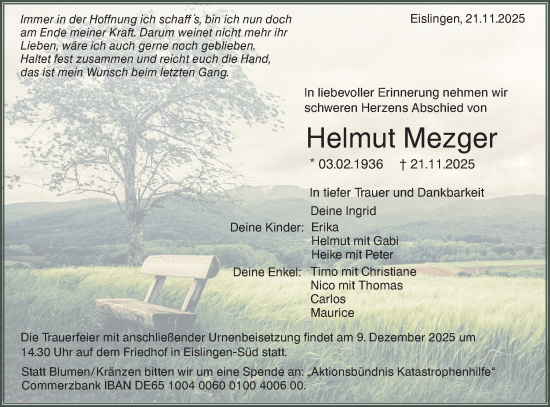 Traueranzeige von Helmut Mezger von NWZ Neue Württembergische Zeitung