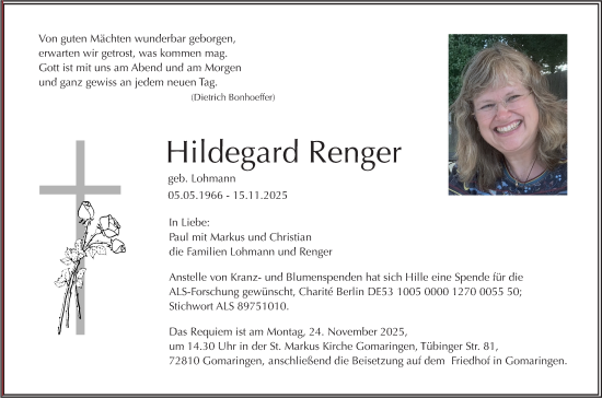 Traueranzeige von Hildegard Renger von Schwäbische Tagblatt