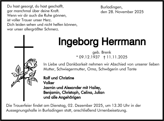 Traueranzeige von Ingeborg Herrmann von SÜDWEST PRESSE Zollernalbkreis/Hohenzollerische Zeitung