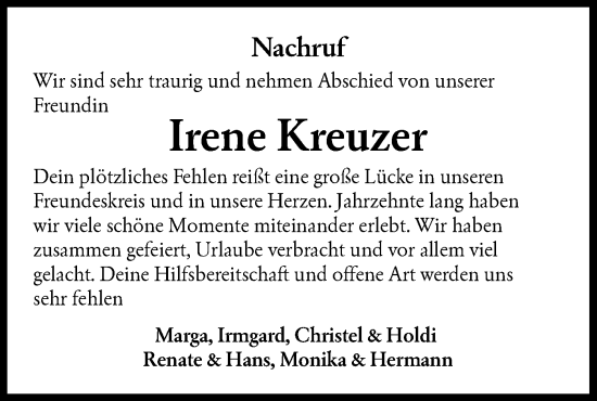 Traueranzeige von Irene Kreuzer von Hohenloher Tagblatt