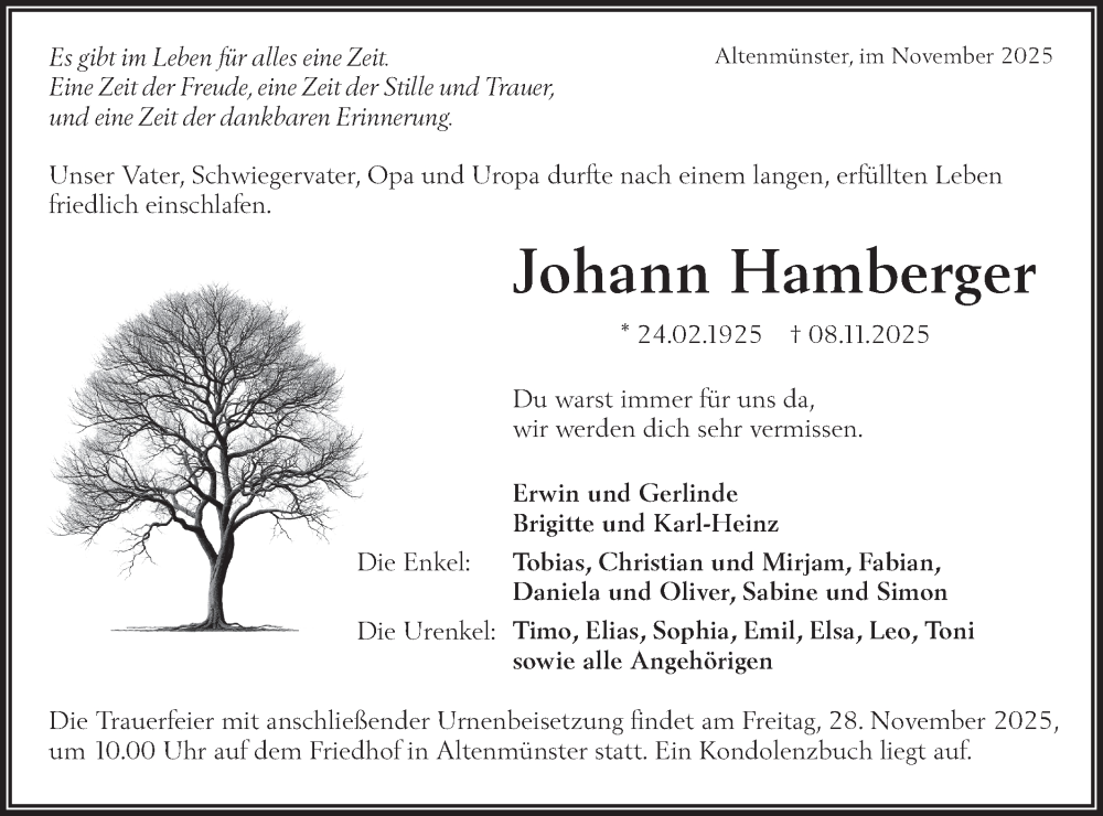  Traueranzeige für Johann Hamberger vom 25.11.2025 aus Hohenloher Tagblatt