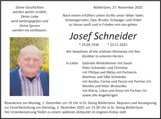 Traueranzeige von Josef Schneider von Haller Tagblatt