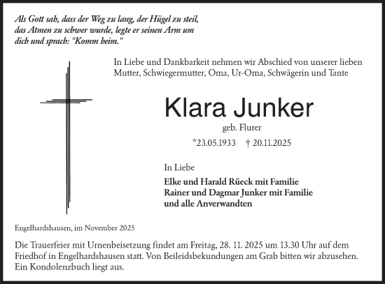 Traueranzeige von Klara Junker von Hohenloher Tagblatt