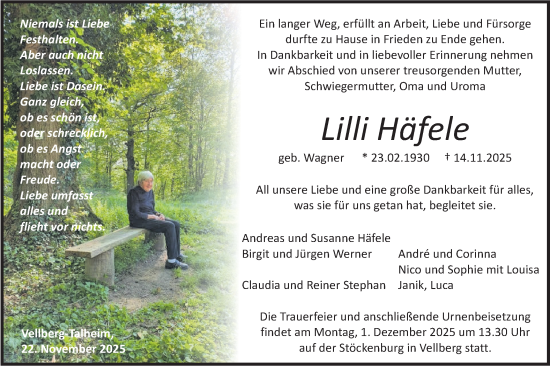 Traueranzeige von Lilli Häfele von Haller Tagblatt