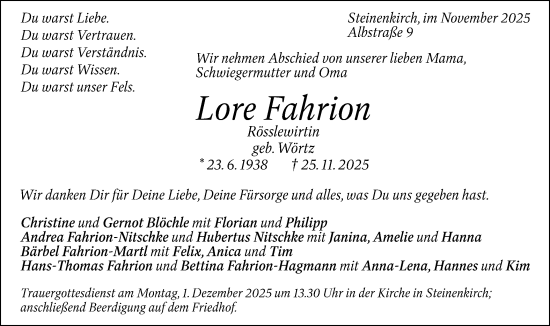 Traueranzeige von Lore Fahrion von NWZ Neue Württembergische Zeitung