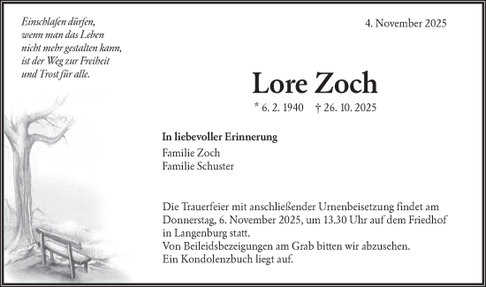 Traueranzeige von Lore Zoch von Hohenloher Tagblatt
