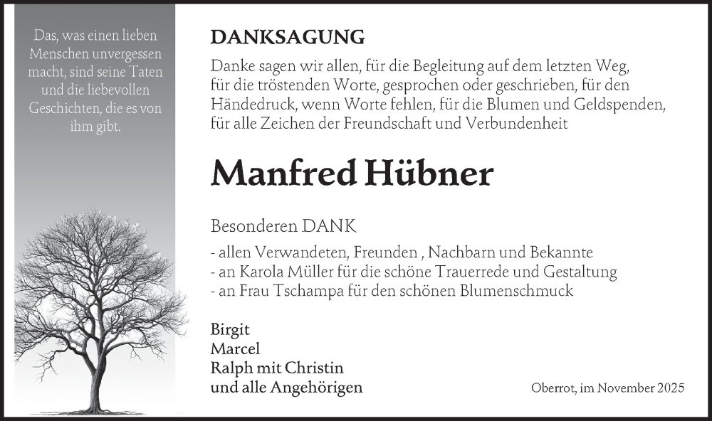  Traueranzeige für Manfred Hübner vom 19.11.2025 aus Rundschau Gaildorf/Haller Tagblatt