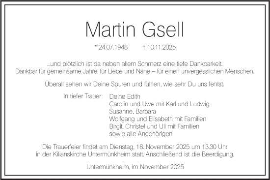 Traueranzeige von Martin Gsell von Haller Tagblatt