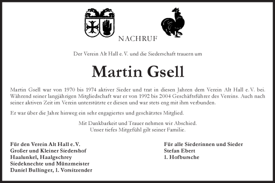 Traueranzeige von Martin Gsell von Haller Tagblatt