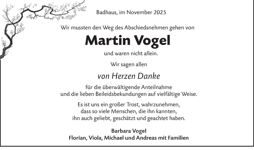  Traueranzeige für Martin Vogel vom 29.11.2025 aus Rundschau Gaildorf