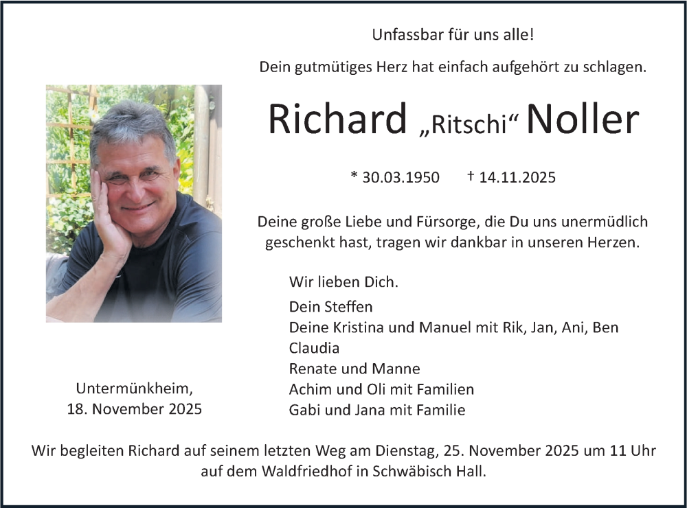  Traueranzeige für Richard Noller vom 18.11.2025 aus Haller Tagblatt