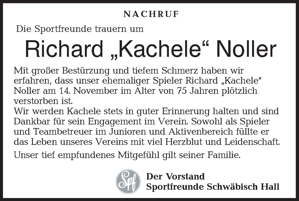  Traueranzeige für Richard Noller vom 20.11.2025 aus Haller Tagblatt