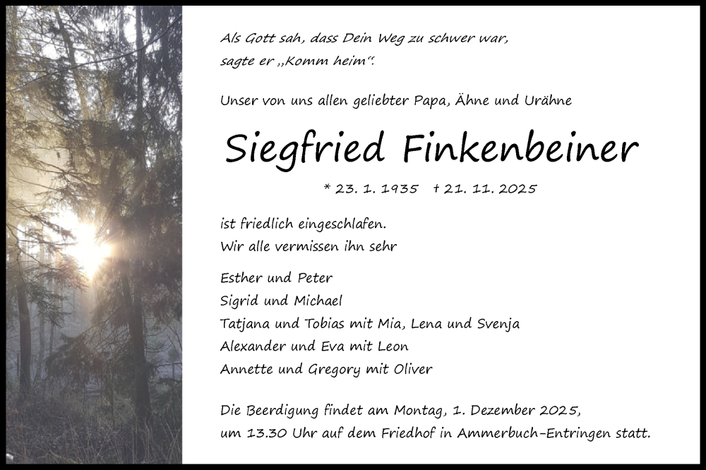 Traueranzeige für Siegfried Finkenbeiner vom 26.11.2025 aus Schwäbische Tagblatt