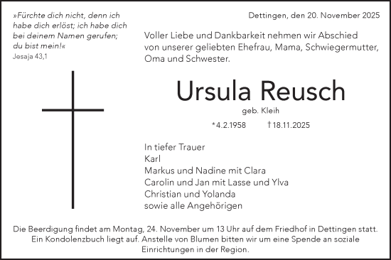 Traueranzeige von Ursula Reusch von Alb-Bote/Metzinger-Uracher Volksblatt
