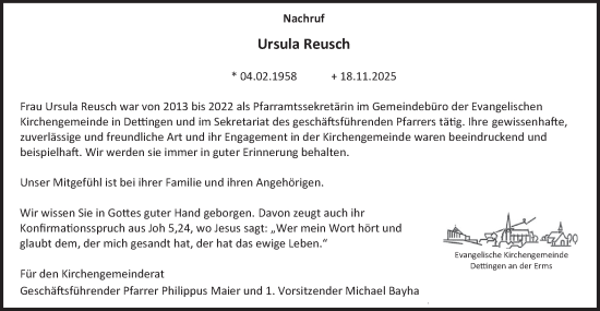 Traueranzeige von Ursula Reusch von Alb-Bote/Metzinger-Uracher Volksblatt