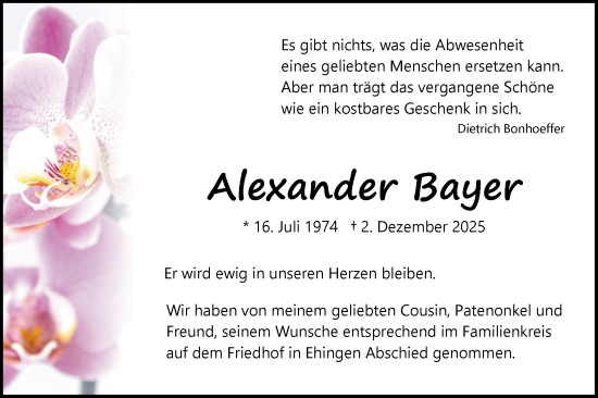 Traueranzeige von Alexander Bayer von Ehinger Tagblatt