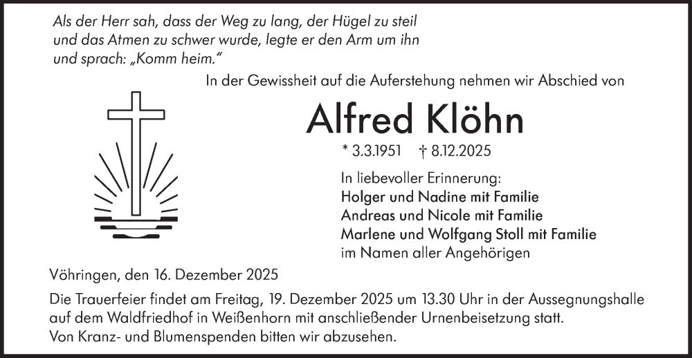  Traueranzeige für Alfred Klöhn vom 16.12.2025 aus SÜDWEST PRESSE Ausgabe Ulm/Neu-Ulm