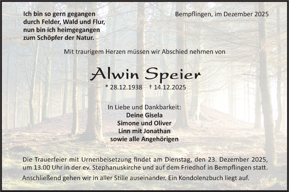  Traueranzeige für Alwin Speier vom 19.12.2025 aus Alb-Bote/Metzinger-Uracher Volksblatt