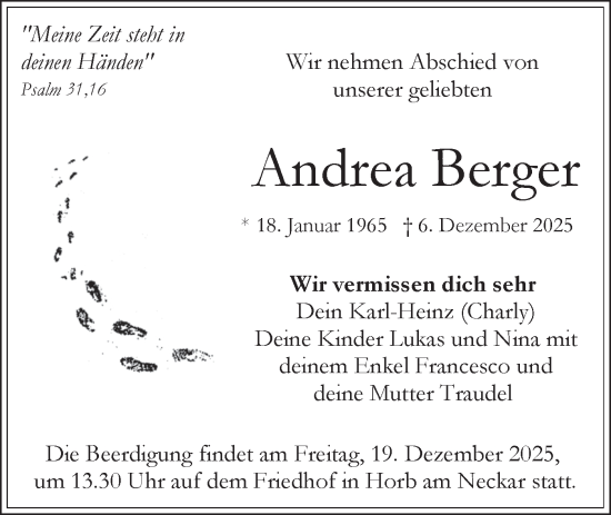 Traueranzeige von Andrea Berger von Neckar-Chronik