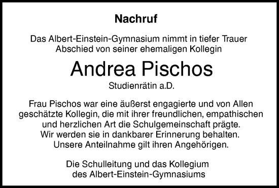 Traueranzeige von Andrea Pischos von SÜDWEST PRESSE Ausgabe Ulm/Neu-Ulm