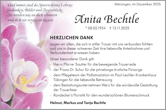 Traueranzeige von Anita Bechtle von Alb-Bote/Metzinger-Uracher Volksblatt
