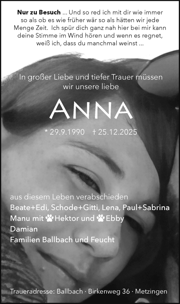  Traueranzeige für Anna  vom 31.12.2025 aus Alb-Bote/Metzinger-Uracher Volksblatt