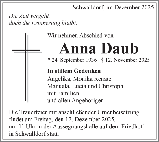 Traueranzeige von Anna Daub von Schwäbische Tagblatt