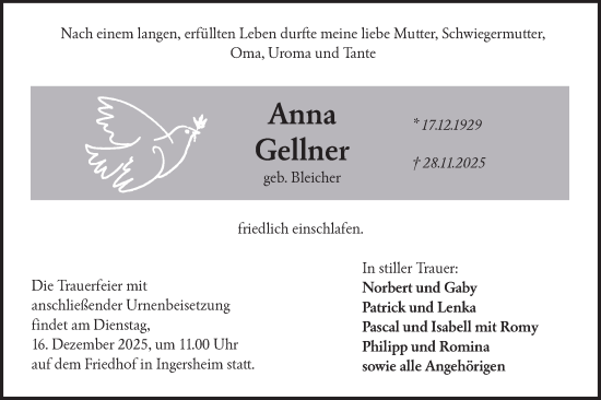 Traueranzeige von Anna Gellner von Hohenloher Tagblatt