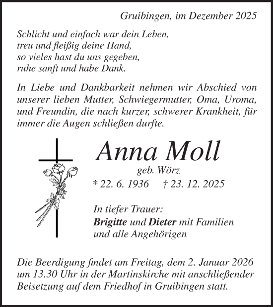 Traueranzeige von Anna Moll von NWZ Neue Württembergische Zeitung/Geislinger Zeitung