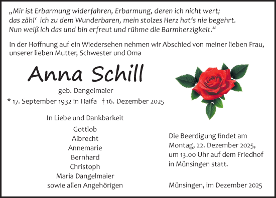 Traueranzeige von Anna Schill von Alb-Bote/Metzinger-Uracher Volksblatt