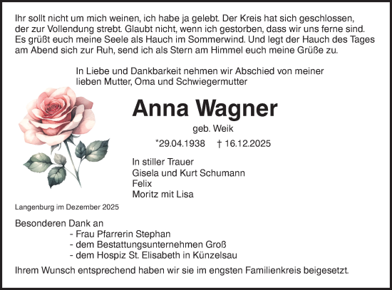 Traueranzeige von Anna Wagner von Hohenloher Tagblatt