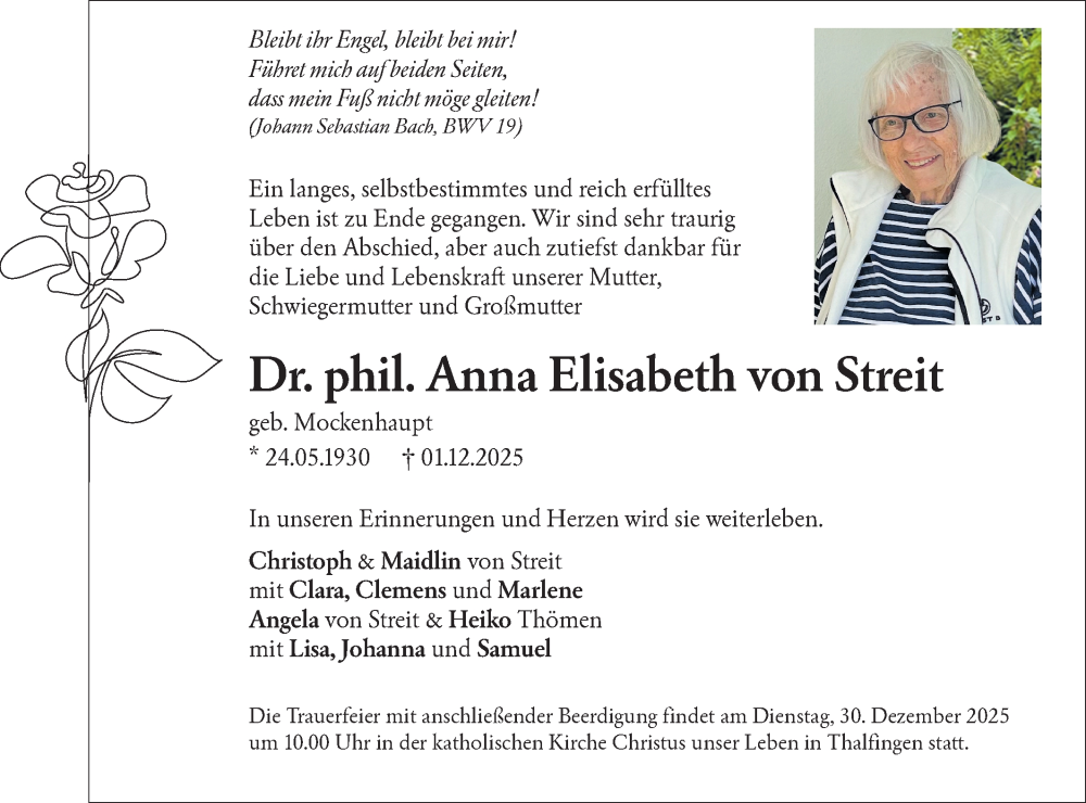  Traueranzeige für Anna Elisabeth von Streit vom 27.12.2025 aus SÜDWEST PRESSE Ausgabe Ulm/Neu-Ulm