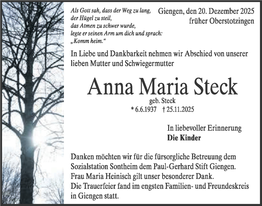  Traueranzeige für Anna Maria Steck vom 20.12.2025 aus SÜDWEST PRESSE Ausgabe Ulm/Neu-Ulm