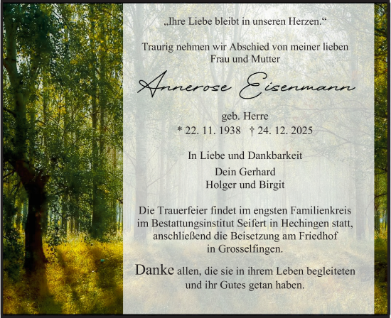 Traueranzeige von Annerose Eisenmann von SÜDWEST PRESSE Zollernalbkreis/Hohenzollerische Zeitung