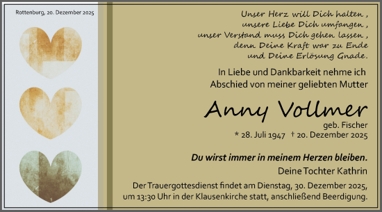 Traueranzeige von Anny Vollmer von Schwäbische Tagblatt