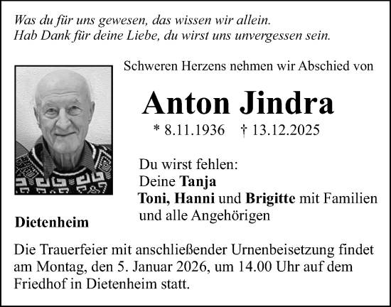 Traueranzeige von Anton Jindra von SÜDWEST PRESSE Ausgabe Ulm/Neu-Ulm