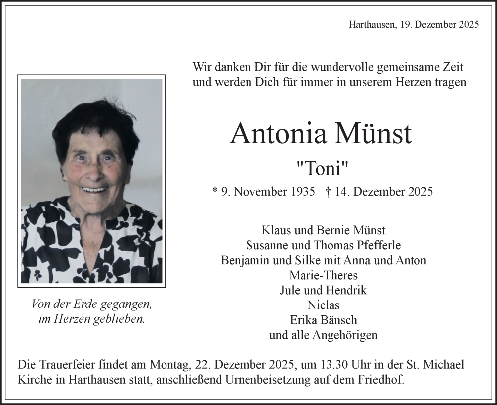  Traueranzeige für Antonia Münst vom 19.12.2025 aus SÜDWEST PRESSE Zollernalbkreis/Hohenzollerische Zeitung