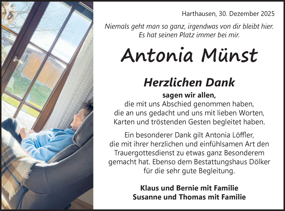  Traueranzeige für Antonia Münst vom 30.12.2025 aus SÜDWEST PRESSE Zollernalbkreis/Hohenzollerische Zeitung