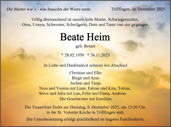 Traueranzeige von Beate Heim von SÜDWEST PRESSE Zollernalbkreis/Hohenzollerische Zeitung