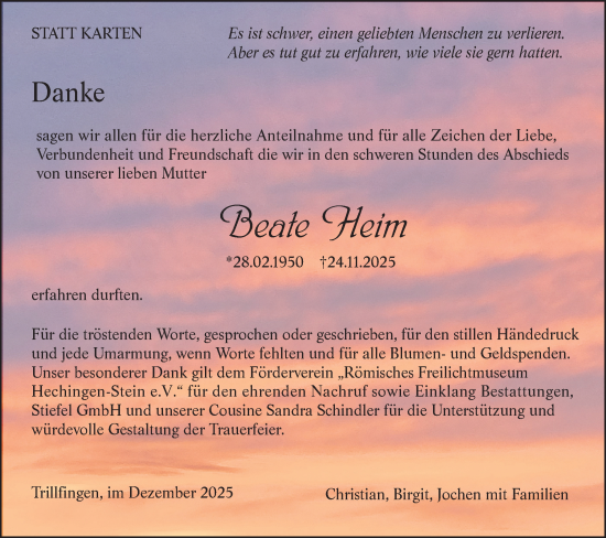 Traueranzeige von Beate Heim von SÜDWEST PRESSE Zollernalbkreis/Hohenzollerische Zeitung