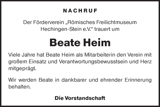 Traueranzeige von Beate Heim von SÜDWEST PRESSE Zollernalbkreis/Hohenzollerische Zeitung