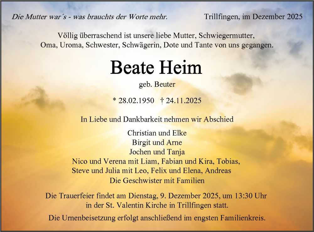  Traueranzeige für Beate Heim vom 02.12.2025 aus SÜDWEST PRESSE Zollernalbkreis/Hohenzollerische Zeitung
