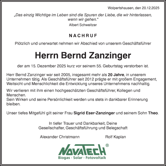Traueranzeige von Bernd Zanzinger von Hohenloher Tagblatt/Haller Tagblatt