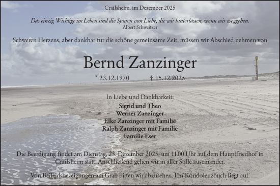 Traueranzeige von Bernd Zanzinger von Hohenloher Tagblatt