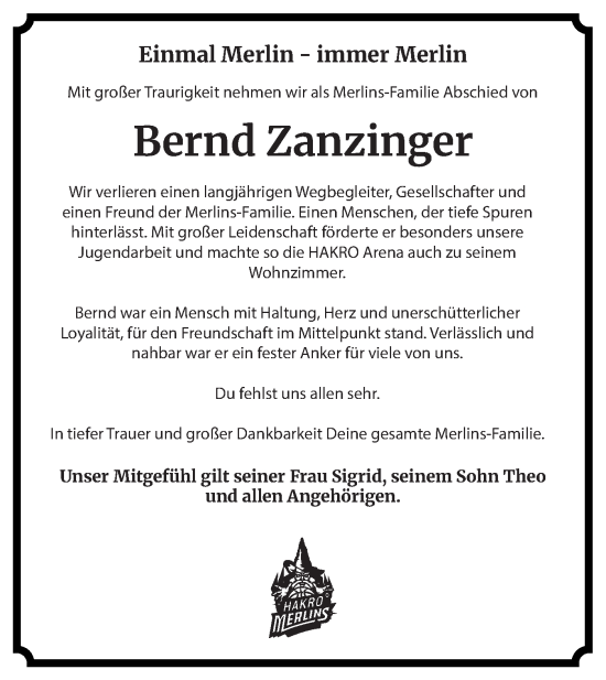 Traueranzeige von Bernd Zanzinger von Hohenloher Tagblatt