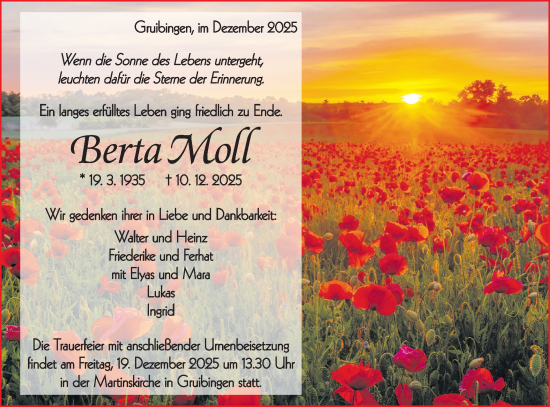 Traueranzeige von Berta Moll von NWZ Neue Württembergische Zeitung/Geislinger Zeitung