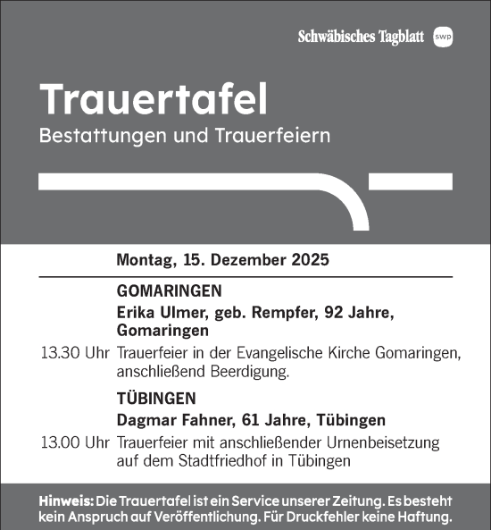 Traueranzeige von Bestattungen vom 15.12.2025 von Schwäbische Tagblatt