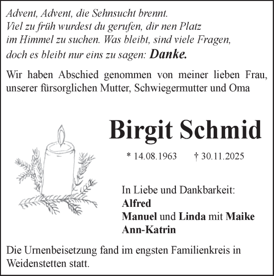 Traueranzeige von Birgit Schmid von SÜDWEST PRESSE Ausgabe Ulm/Neu-Ulm