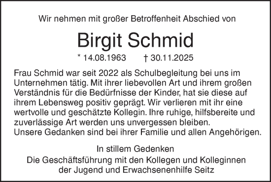 Traueranzeige von Birgit Schmid von SÜDWEST PRESSE Ausgabe Ulm/Neu-Ulm
